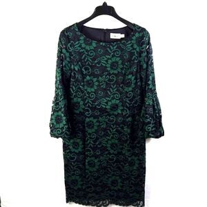 Eliza J Flare Bell Sleeve Lace Shift Green & Black Dress Sz 10 Church Lady Party